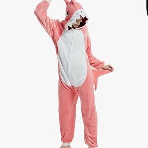 Shark Onesie Adult Animal Costume Women Pajamas 
Pink and White Fleece Onesie